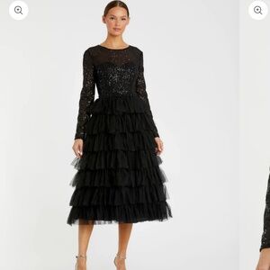 Mac Duggal Black Long Sleeve Ruffle Tiered Midi Dress